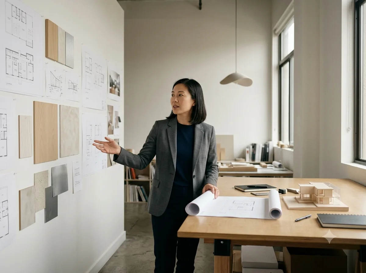 Sarah Chen in her architectural studio, gesturing at material samples